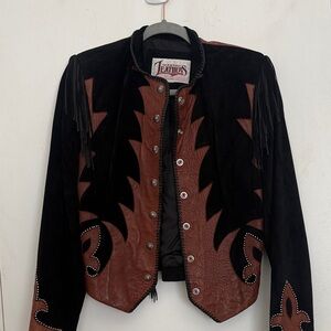 Leather Fringe Contrast Jacket in Black & Brown by Diamond Leathers